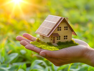Hand holding an energy efficient model house with solar panels, ecology and sustainability concept. Green home and eco-friendly construction conceptual image. World environment day. 