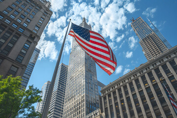 The American flag waving proudly against the city skyline on patriotic holidays, symbolizing pride and unity.