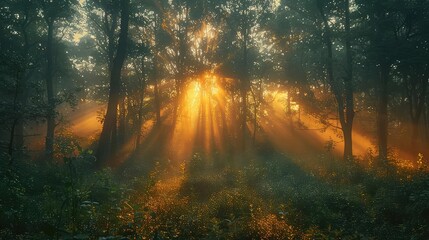 The sun's rays pierce through the dense forest canopy, illuminating the vibrant green foliage and casting a warm glow on the forest floor.