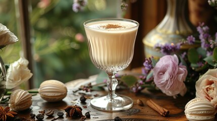 Earl Grey tea milk, in elegant glass, afternoon tea luxury