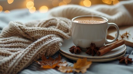 Chai latte, spices floating, cozy book nook