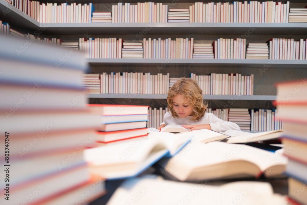 Poster Serious hard working pupil. School child studying in school library. Kid reading book in library on bookshelf background.