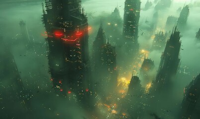 A dark and foggy cityscape. The buildings are tall and the streets are narrow. The only light comes from the few street lamps that are still working.