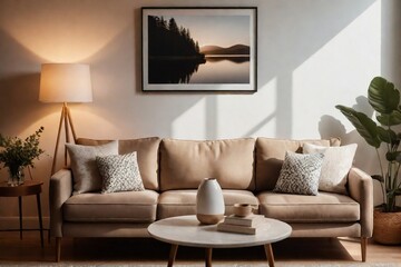 Domestic living room with a sofa, lamp, and minimal art frame in a perfect composition, natural light, warm feeling. Summer living room idea.