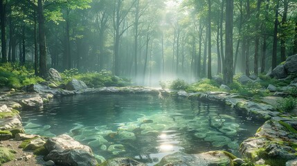 Obraz premium Generate a photo of a beautiful and serene natural setting. The image should feature a crystal clear pond surrounded by lush greenery and a variety of unique rock formations.
