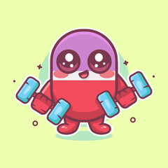 happy capsule medicine character mascot doing bodybuilding using dumbbell isolated cartoon