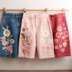 Colorful embroidered denim shorts on wooden rack