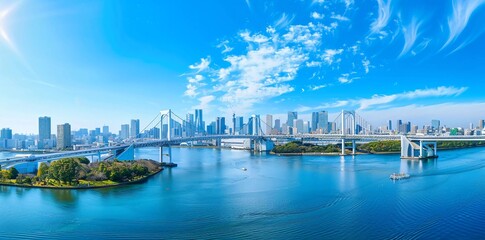 panoramic skyline view of Tokyo Tower and Rainbow Bridge with cityscape in Odaiba Japan