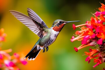 Hummingbird feeding on vibrant red flowers