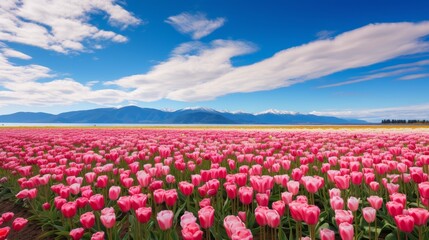 Vibrant tulip field with snow-capped mountains