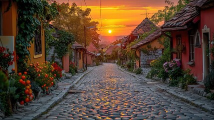 Fototapeta premium A beautiful cobblestone street in a small village