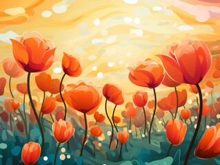 Vibrant tulip field in warm sunset colors