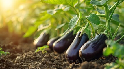 A close shot of growing eggplant on field with fresh brinjal are hanging on it with a big space for text or product advertisement, Generative AI. - Powered by Adobe