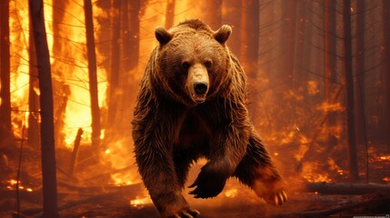 Amidst the burning chaos, a brave brown bear stands tall, undeterred
