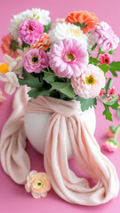 A vase of flowers sits on a pink background