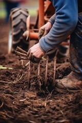 Fototapeta premium A farmer cultivates the soil in the field during the spring sowing campaign.