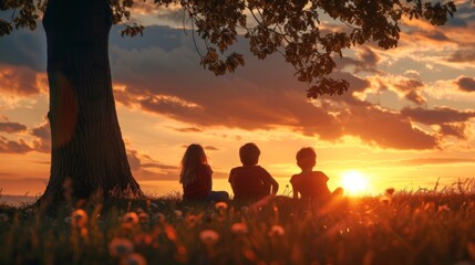 A group of friends are sitting on a hill, watching the sunset