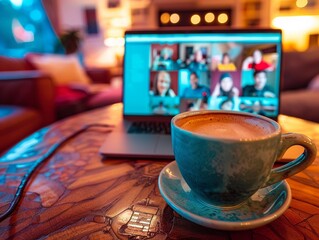 Virtual meeting, people sharing experiences with sleepimproving coffee, screens visible , vibrant color
