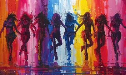 A painting of seven women dancing in a colorful background