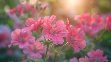 A cloes shot of vibrant pink Geranium flower with a blurry nature backdrop with space for text or product background, Generative AI.