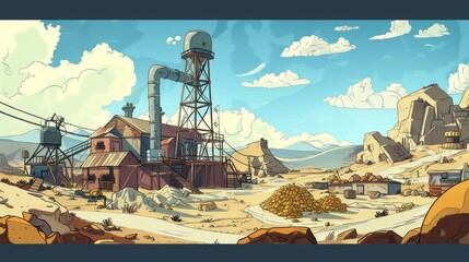 A serene desert mining settlement under a vast blue sky - obrazy, fototapety, plakaty