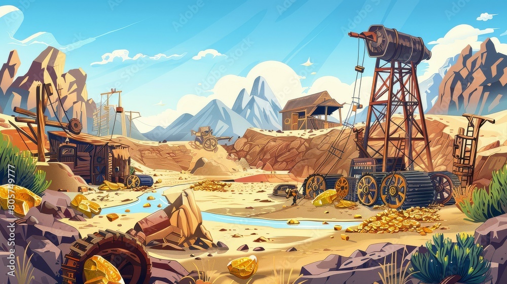 Wall mural a vibrant cartoon style deserted gold mine under a clear blue sky