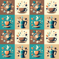 Vector vintage Cartoon Coffee seamless background, coffee cup and colorful coffee beans pattern