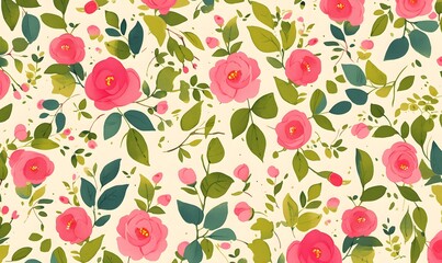 Fototapeta premium Pink flower green leaf pattern, Generative AI 