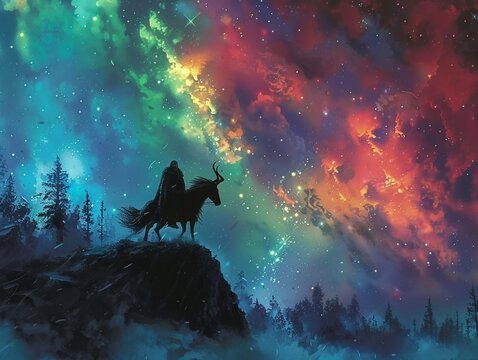 Odin riding Sleipnir across the vivid Northern skies, eightlegged silhouette , Stable Diffusion