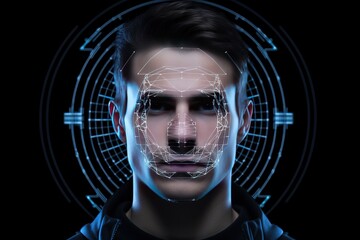 Face ID. Surveillance and security scanning of digital programs. Digital processing of biometric face scanner. Face scanning process.