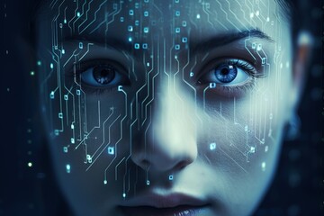Beautiful female face in facial recognition grid. Face ID concept.