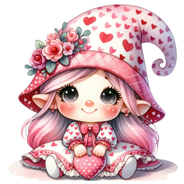 A little gnome girl wearing a pink hat and dress with a heart on it. She is holding a heart in her hand, PNG file