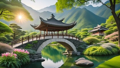 There is a pond in the high mountains. There is an ancient stone bridge above the pond. There is a pavilion on the side. There are trees and flowers on both sides. It is green and very poetic. - Powered by Adobe