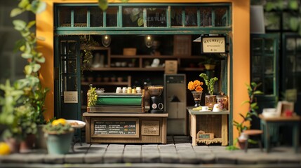 sunny day mustard color magic minimalist miniature coffee shop diorama, natural colors with deep warm wood and emerald green leafs1