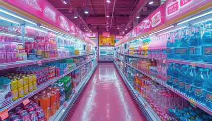 Fototapeta premium Take a photo of a grocery store aisle that is completely empty except for the shelves, which are stocked with an abundance of brightly colored candy, soda, and other junk food
