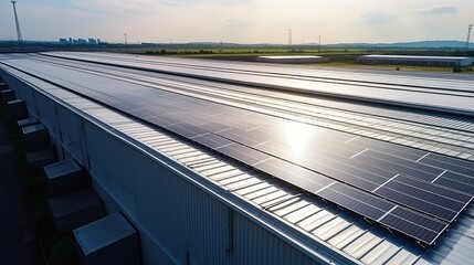 Solar panels installed on a roof of a large warehouse or industrial building.