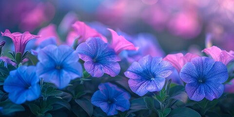 A close shot of petunia flower with blue and pink combination with a big blurry backdrop for text or product advertisement background, Generative AI.