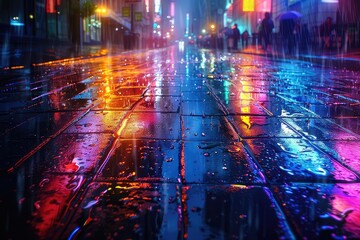 City street with colorful lights reflecting off wet pavement.