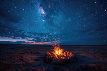 A beautiful starry night sky with a bonfire in the foreground.