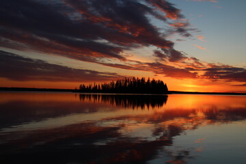 Sunset Over The Island On Astotin Lake