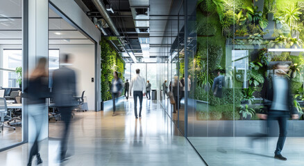 Naklejka premium an office space with glass walls and green plants on the wall. People walking around in motion blur wearing business attire
