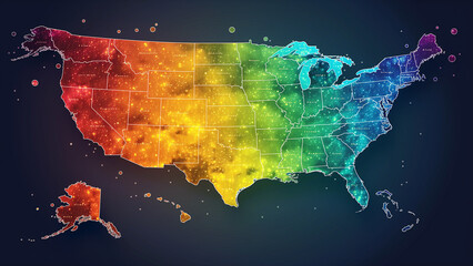 The map of United States of America with rainbow colors