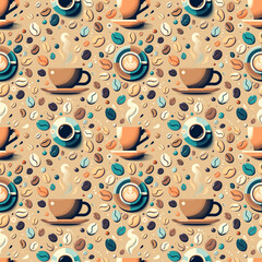 Vector vintage Cartoon Coffee seamless background, coffee cup and colorful coffee beans pattern
