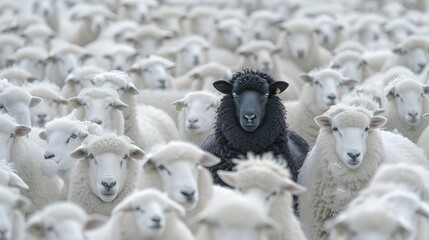 Black sheep with white sheep. Business leadership, courage to standing out with unique individual, diversity within the group concept. Funny pet animal 3d modern digital artwork cartoon illustration.