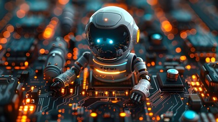 Visualisation of artificial intelligence, 3d render of a robot cyborg futuristic background, AI robot hologram projected over a microprocessor on a computer motherboard in digital age.