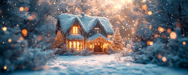 Christmas house in winter snowy forest. holiday Christmas ornament decoration, Copy space. banner and poster.
