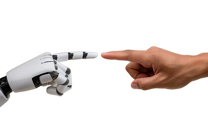 White cyborg female and male robotic hands pointing his finger - 3D rendering isolated on free PNG background.