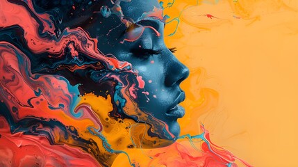 Abstract colourful art of a beautiful woman background, neon liquid wavy art decor, marbling texture, digital illustration, watercolor wallpaper.