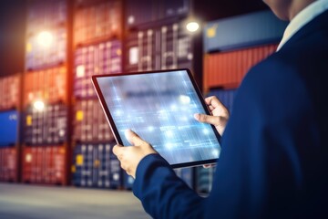 Fototapeta premium Businessman with tablet computer at container warehouse. Cropped photo. Online control of cargo and movements in the warehouse. Shipment and verification of contracts online.