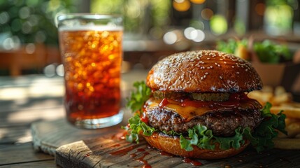 Sparkling cola splash beside a classic cheeseburger, summertime vibe.